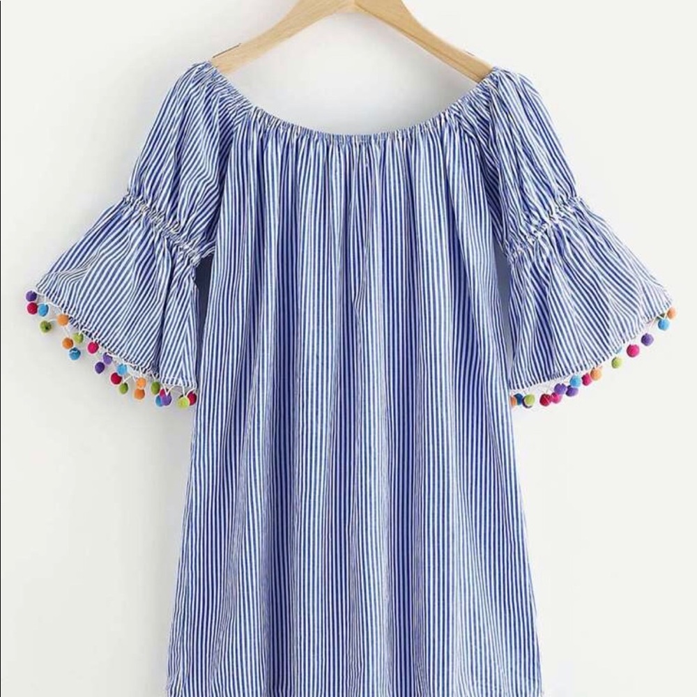 Blue pinstripe dress with Pom Pom trim
